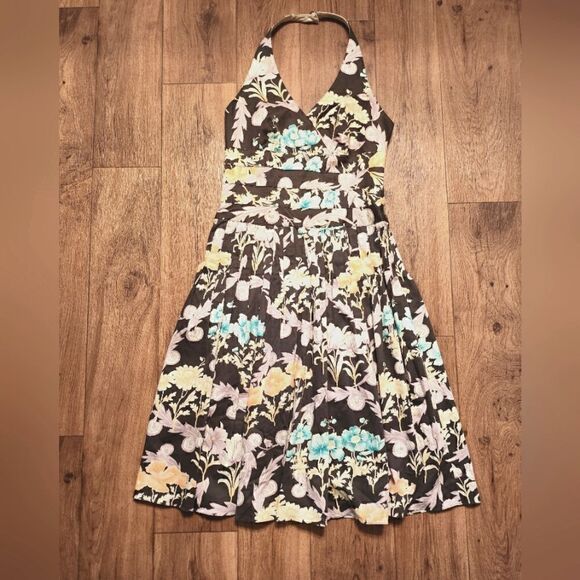 Kay Unger Floral Halter Pleated Dress Brown Cream Size 4 - Picture 1 of 6